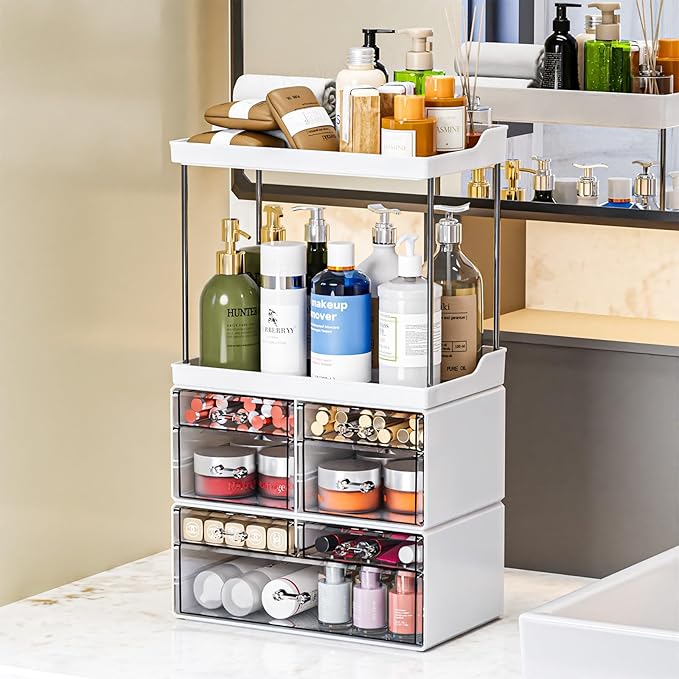 3 Pack Bathroom Organizers and Storage Countertop With 7 Drawers,Stackable Skincare Products Organizers,18.9" Tall Large Capacity Skincare Organizer and Exquisite Top of Dresser Organizer,White