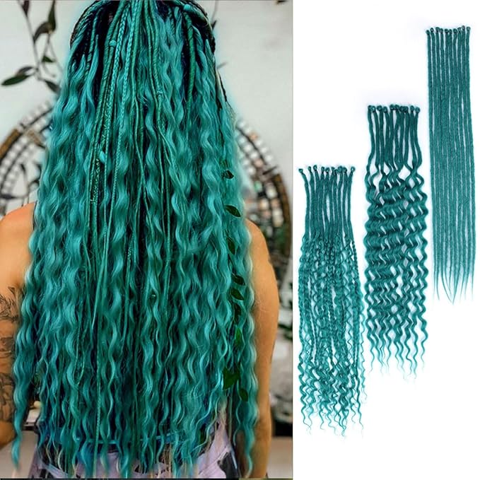 24 Inch 30 Strands SE Dreadlock Extensions Sets，3 In 1 Mixed Synthetic Dreads Extensions, Castleton Green Straight&Curly&Boho Handmade Dreads Hippie Style Dreadlocks for Woman