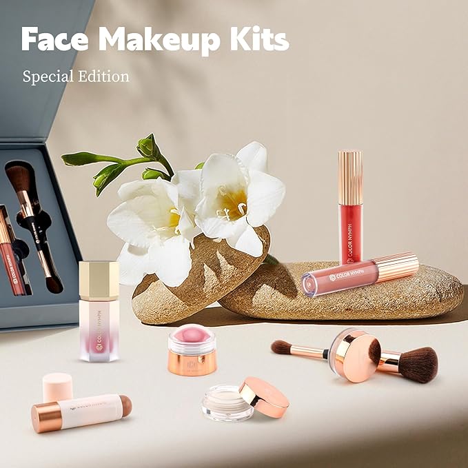 Color Nymph Face Makeup Kits - Special Edition, Makeup Set For Girl's Gift With Lipgloss Liquid Blush Solid Blusher Highlighters Contour Stick and Double-ended Brush For Lady Wife Girls