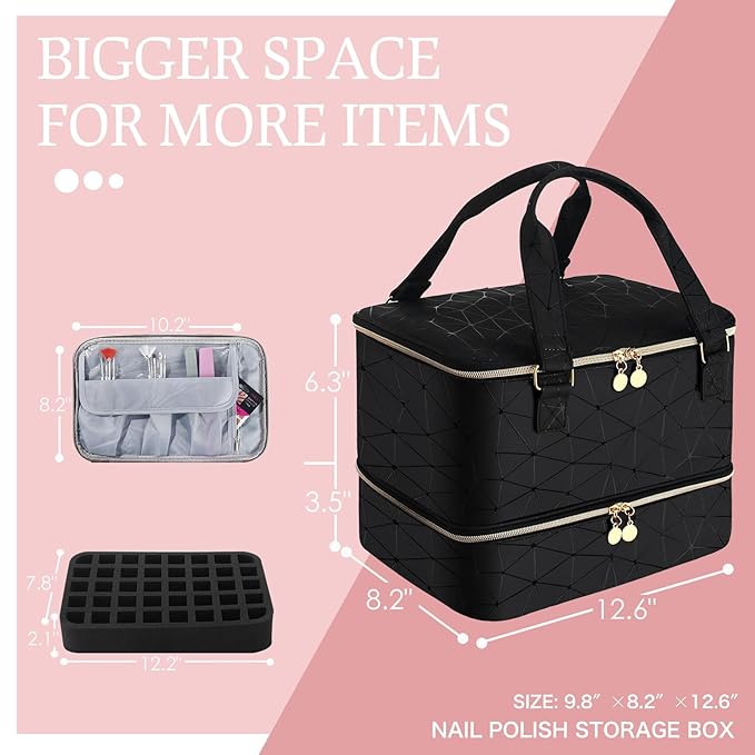 Nail Polish Organizer Case Hold 40+ Bottles (15ml/0.5 fl.oz) and Led Nail Lamp, Nail Supply Organizers and Storage for Nail Tech, Nail Dryer Case Nail Polish Bag Nail Kit Organizer (BLACK)