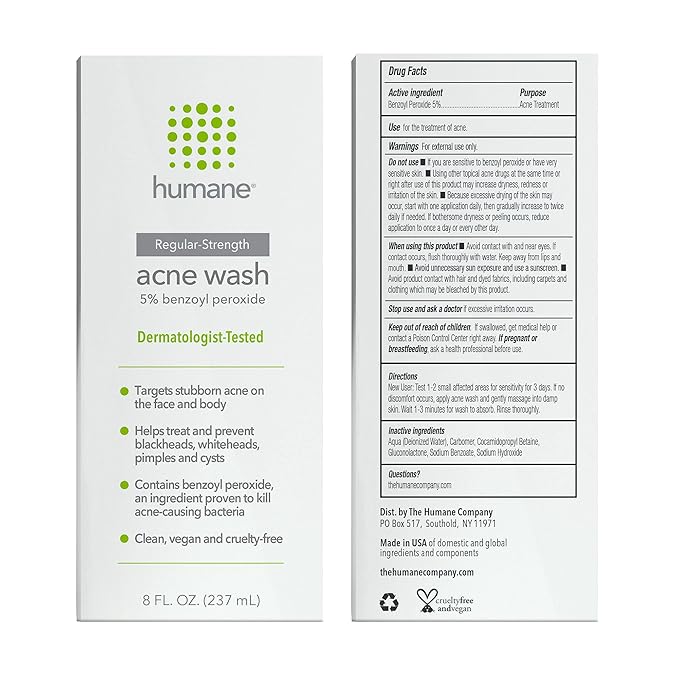 humane Benzoyl Peroxide Acne Body Wash - 5% Regular-Strength Acne Treatment for Face, Skin, Back and Body - 8 Fl Oz - Dermatologist-Tested Non-Foaming Cleanser - Vegan, Cruelty-Free