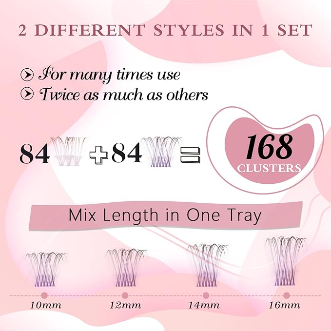 168 Pcs Colored Lash Clusters 2 Colors Mixed Cluster Lashes Dramatic Cosplay Lashes for DIY Individual Lash Extensions at Home Thin Band and Soft (Light Purple+Dark Purple, D-10-16mix)