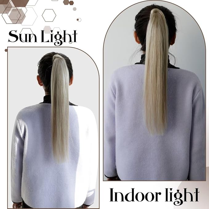 Hetto Blonde Ponytail Human Hair Ponytail Highlight Light Blonde #17/23 12 Inch Straight Wrap around Pony Tail Hair Extension 70g/Set