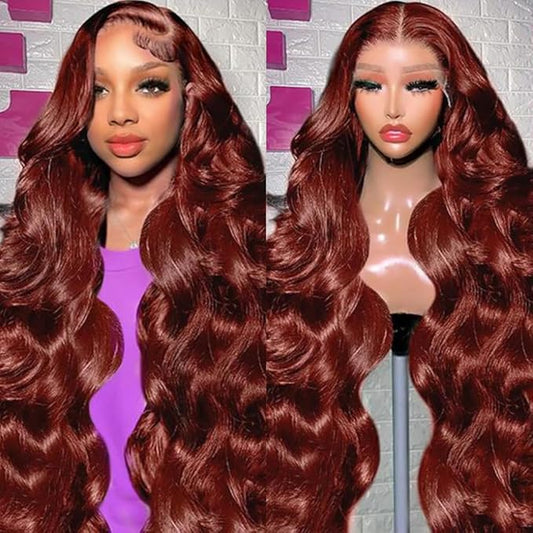 13x6 Reddish Brown Lace Front Wigs Human Hair HD Lace Front Wigs Human Hair 180 Density Body Wave Frontal Wigs Human Hair with Baby Hair Colored Glueless Wigs 34Inch