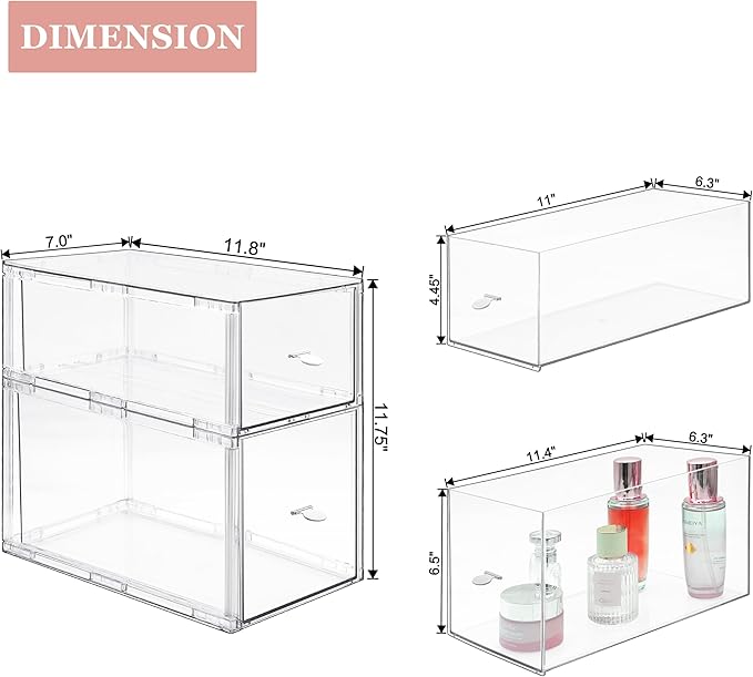 Homecor Clear Makeup Organizer Set of 2, Large Bathroom Storage Drawers, Cosmetic Storage for Vanity Dresser Countertop, Beauty Holder for Lipstick Brush Skincare Valentine's Day Gifts for Her(L+M)