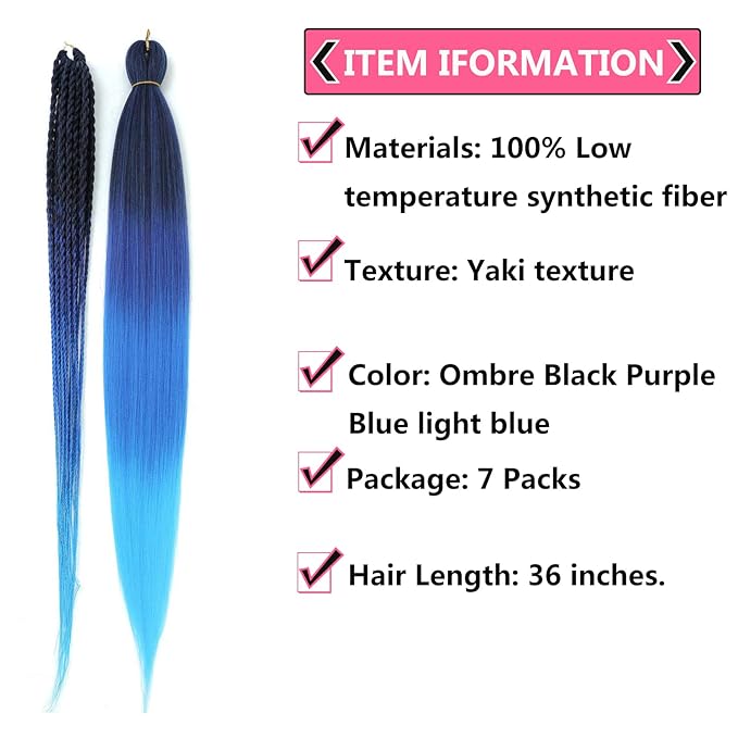 36'' Ombre Pre Stretched Braiding Hair Yaki Texture Crochet Braid Hair Extensions 4 Tones Braiding Hair Pre Stretched (7packs,1b/purple/blue/l.blue)