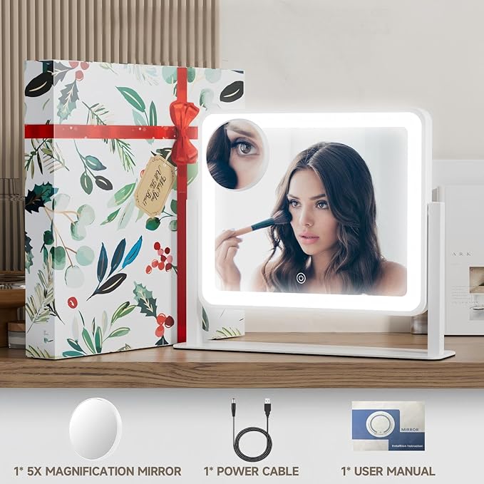 PRIMETEK LED Vanity Mirror with Gift Box, 14"x12" LED Lighted Makeup Mirror, Makeup Mirror with Lights, 3-Color Lighting, 5X Magnification, for Desk Tabletop, Bedroom, Gifts for her
