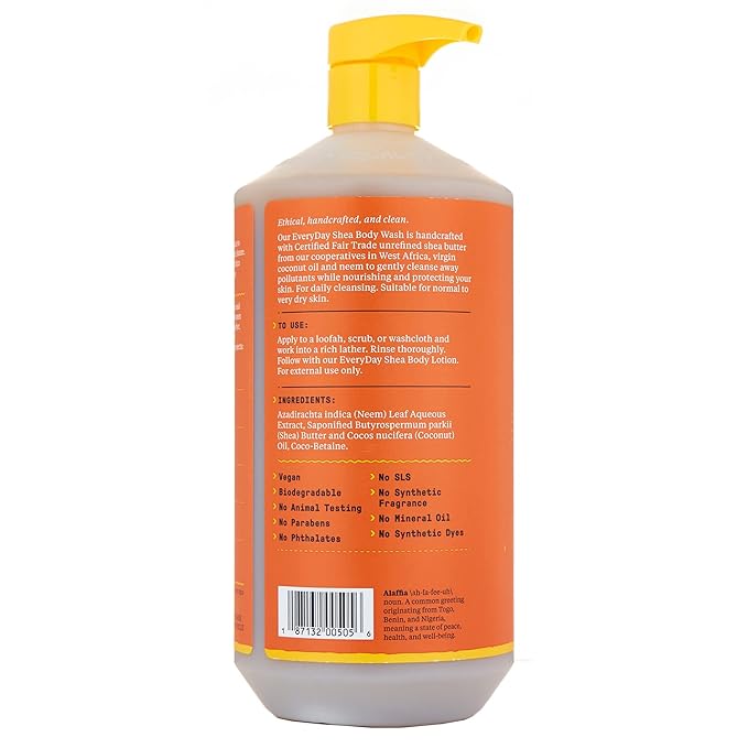 Alaffia EveryDay Shea Body Wash, Naturally Moisturizing Cleanser for All Skin Types with Fair Trade Shea Butter, Neem & Coconut Oil, Unscented, 32 fl oz