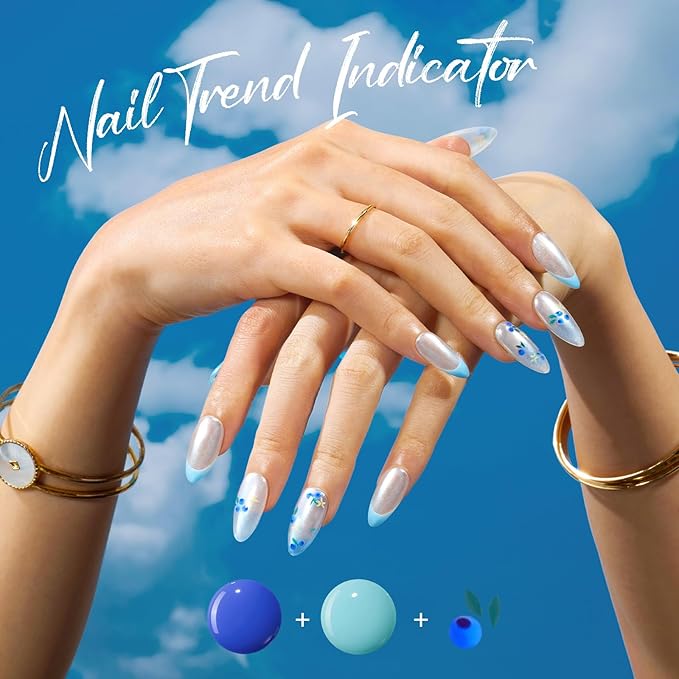 modelones Summer Gel Nail Polish Kit with U V Light, Pearl White Glitter Baby Blue Light Pink Sky Blue Manicure Set with Cherry Stickers, Base Top Coat, 4 Colors Gel Mini Salon Starter Spring Gift