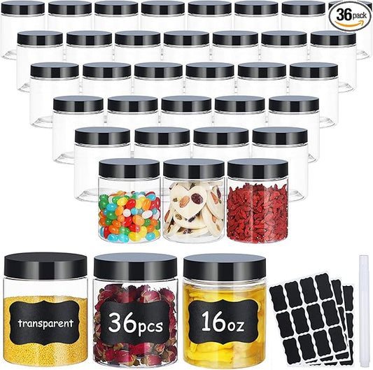 36pcs 16 oz Plastic Containers with Lids Pen Labels Leak Proof BPA Free Airtight Refillable Clear Small Containers Storage Jars for Storing Dry Food Makeup Slime Honey Jam,black