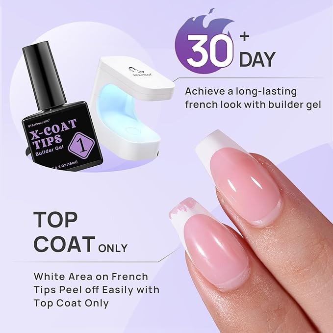 BTArtboxnails XCOATTIPS Long Coffin French Tip Cat Eye Press On Nails with Builder Gel and Mini Nail Lamp Set