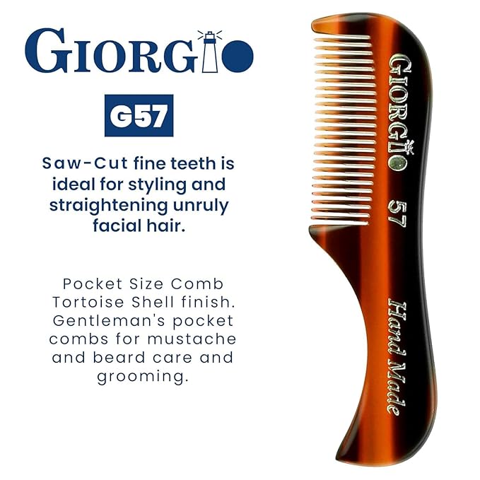 Giorgio G57 Extra Small 2.75 Inch Men's Fine Toothed Beard and Mustache Comb for Facial Hair Grooming and Styling. Wallet Pocket Comb Handmade of Quality Durable Cellulose, Saw-Cut and Hand Polished
