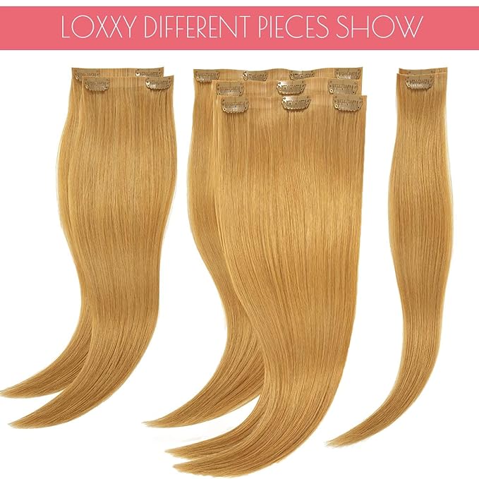 Loxxy Seamless Human Hair Clip in Extensions Blonde 16Inch Thick Full Head Clip on Hair Extensions Remy Human Hair Color 27 Caramel Blonde Natural Real Hair Clip in Extensions For Women 110g 7pcs