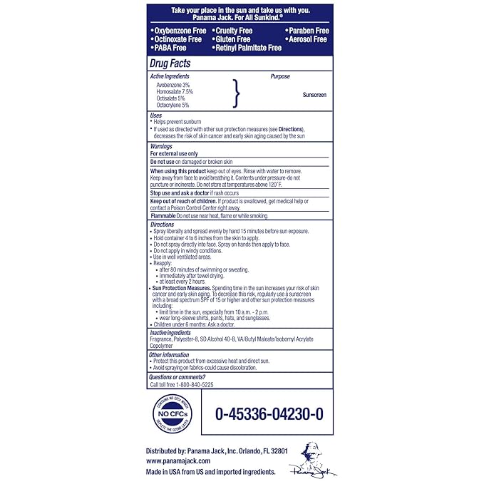 Panama Jack Sport Sunscreen Spray - SPF 30, Broad Spectrum UVA/UVB Protection, PABA, Paraben, Gluten & Cruelty Free, Water Resistant (80 Minutes), 5.5 OZ