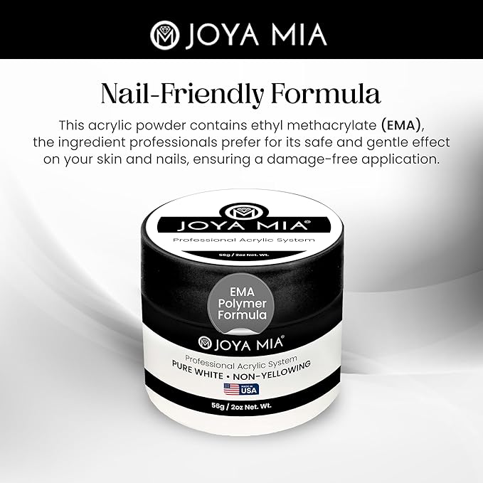 Joya Mia Acrylic Powder for Nails, MMA-Free, Super Adhesion Professional Powder for Flawless & Long-Lasting Nail Enhancements, Easy Application, Vibrant & Stunning Colors - Pure White, 2 oz