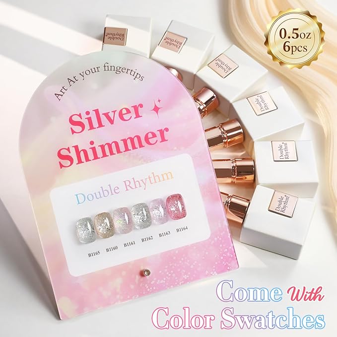 Double Rhythm 0.5 Oz Glitter Gel Polish Set of 6 Color with Display Board 15 ml Full Size Kit Shimmer Reflective Sparkle Soak Off Manicure Salon DIY at Home (Gold Silver Light Pink Rose-T6-35)