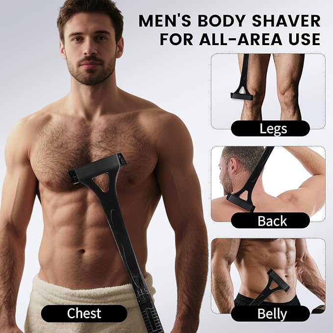 Back Shaver for Men with Foldable Long Handle, Premium Stainless Steel Body & Back Hair Trimmer, Portable Ergonomic Razor Groomer for Men, Replaceable Safety Blades, Wet or Dry Use Smooth Hair Removal