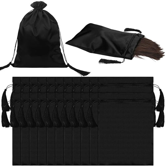 Silkfly 30 Pcs Satin Wig Bag Satin Silk Bags Large Hair Packaging Drawstring Pouch with Tassel for Women Wigs Hair Extensions Hair Tools Storage Travel Home Salon Makeup Gift, Black