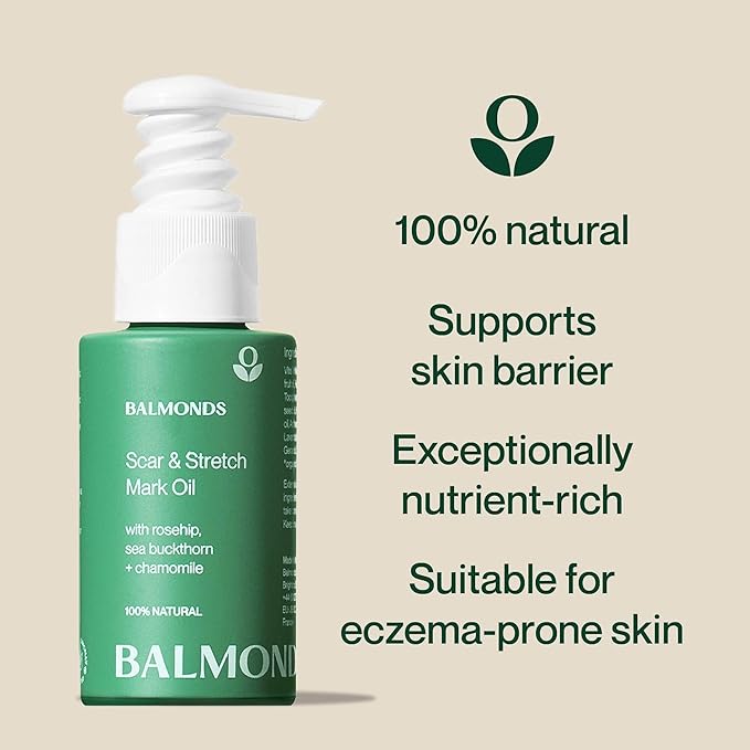 Balmonds Scar and Stretch Mark Oil 50ml - 100% Natural Blend of Rosehip, Borage and Sea Buckthorn Oils - Helps Improve The Appearance of Scars, Uneven Skin Tone, Acne Scars & Stretch Marks - (1.7 oz)