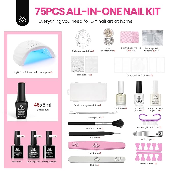 Beetles Gel Nail Polish Kit with U V Light-75PCS Chic Outfits 45 Colors Gel Polish Starter Kit,Soak Off All Season Gel Nail Kit with 5PCS Base Top Coat Nail Art Tools-Perfect Manicure Kit for Women