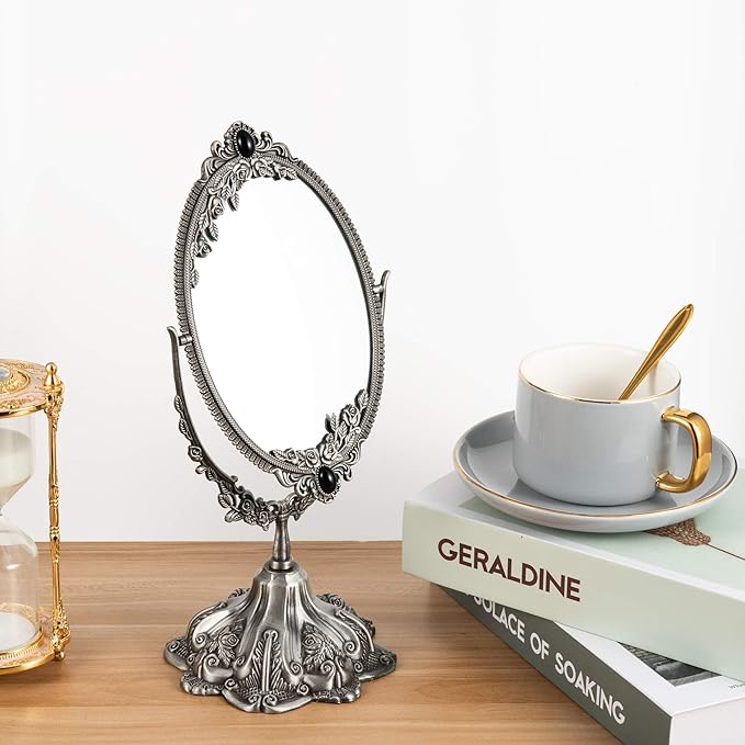 Feyarl Small Vintage Makeup Mirror Floral Tabletop Oval Vanity Mirror with Stand Dressing Room Swivel Double Sided Elegant Decorative Mirror Embossed Frame (Pewter)