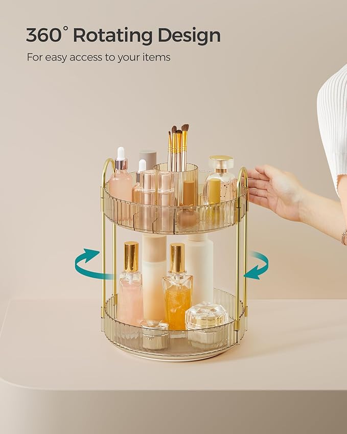 SONGMICS Makeup Organizer, 2-Tier Round Rotating Skincare Organizer Countertop, Customizable, Toiletries Vanity Organizer, Lazy Susan, Gift for Mom, Champagne Gold UJKA012A01