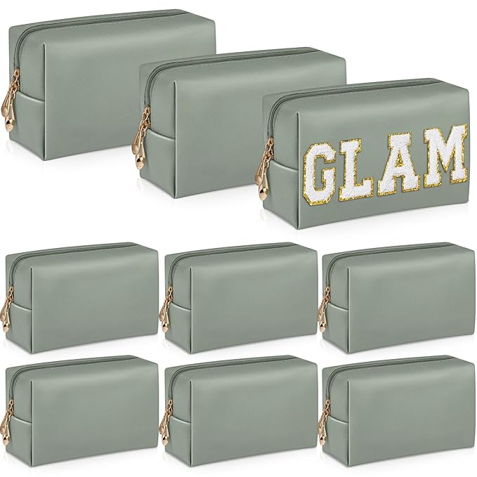 Sanwuta 9 Pcs Preppy Makeup Bag PU Leather Cosmetic Bag Makeup Pouch Plain Waterproof Toiletry Organizers for Traveling Preppy Travel Purse End of the Year Teacher Gifts Bulk(Dark Green)