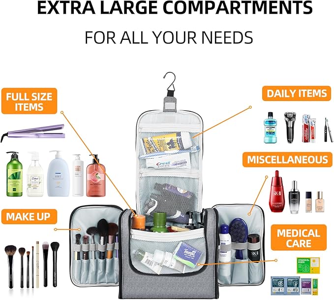 Buruis Extra Large Capacity Toiletry Bag for Women and Men, Hanging Toiletry Organizer Cosmetics Makeup Bag, Water-resistant Dopp Kit for Full Sized Toiletries, Travel Essentials (Oxford Gray)