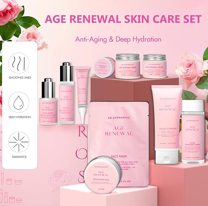 Mother's Day Gifts for Mom Skin Care Routine Kit for Women, Rose Essential Oil+Retinol+ Vitamin E, 10-Piece Complete Skin Care Set, Korean Skin Care Set, Birthday Gifts for Women