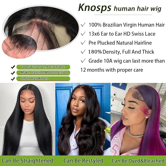13x6 Lace Front Wigs Human Hair 32 Inch Straight HD Lace Front Wigs Human Hair Pre Plucked 13x6 Frontal Wigs Human Hair 180 Density Glueless Wigs Human Hair with Baby Hair for Women