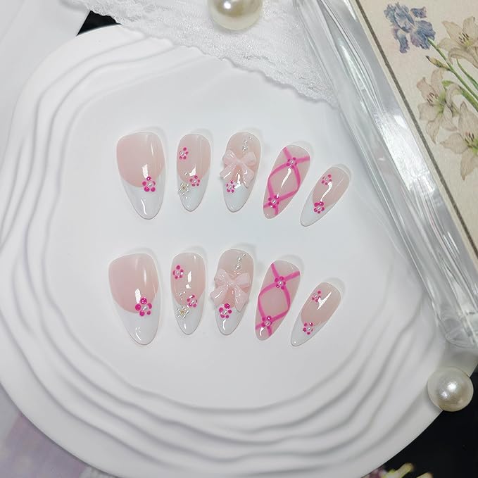 Almond Press on Nails Handmade Medium Long/Stiletto 3D Flower Fake Nail with Designs, Women Reusable False Nails (Pink White French, M)