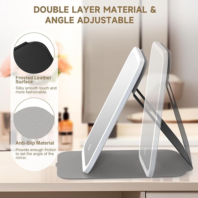 Mocado Travel Makeup Mirro with Lights, 360° Rotation Lighted Makeup Mirror, Portable Mirror with 10x Magnification, 60LEDs 3 Color Lightings, Dimmable Touch Screen, Tabletop Light up Mirror(Black)