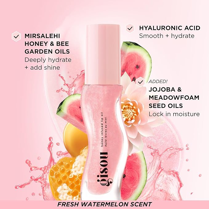 Gisou Honey Infused Hydrating Lip Oil, Nourishing Lip Moisturizer for Dry Lips, High Shine, Smooth Finish, Clear Pink Shimmer Shade, Fresh Watermelon Scent, Watermelon Sugar, 8ml