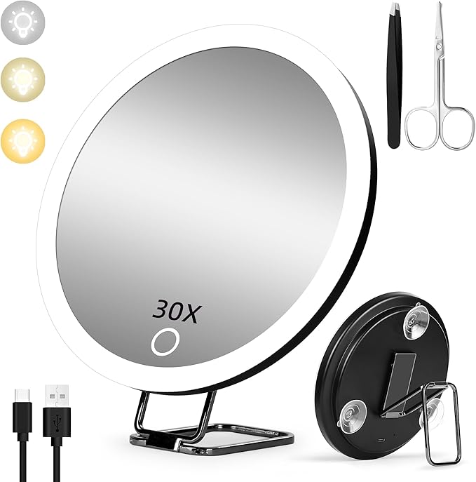 30x Magnifying Mirror with Light, Large 6" Rechargeable Lighted 30x Magnified Mirror with Suction Cups & Table Stand, 3 Color Modes Dimmable Light up Travel Magnifying Makeup Mirror High Magnification