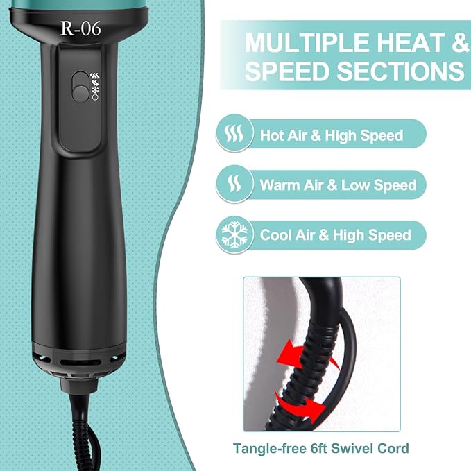 Hair Dryer Brush Blow Dryer Brush in One, 4 in 1 Hair Dryer and Styler Volumizer with Oval Barrel, Professional Salon Hot Air Brush for All Hair Types, Teal