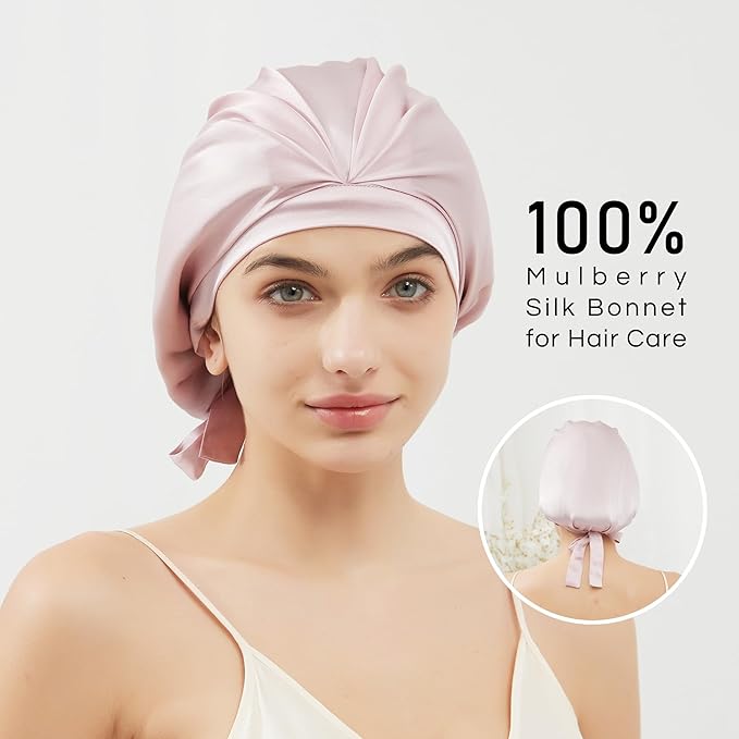 RachelSilk 100% Mulberry Silk Sleep Cap, Grade 6A 19 Momme Silk for Women Hair Care, Night Bonnet with Elastic Stay On Head, Sleep Cap After Shower, for Small -Medium Head Size (Pale Pink)