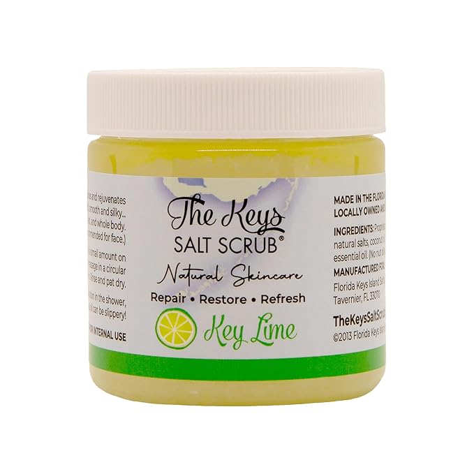 The Keys Sea Salt Body Scrub - Exfoliating With Wooden Spoon for Men, Women - Foot and Hand Scrub Made With Pure Florida Sea Salt, Organic Essential Oils & Nutrients (Key Lime, 3.4 oz)