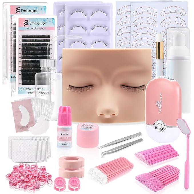 Lash Extension Practice Kit, Eyelash Extension Training Kit for Beginners, Professional Eyelash Mannequin Head Set with Lash Fan, Lash Shampoo, Lash Adhesive, Glue Rings and Lash Mirror