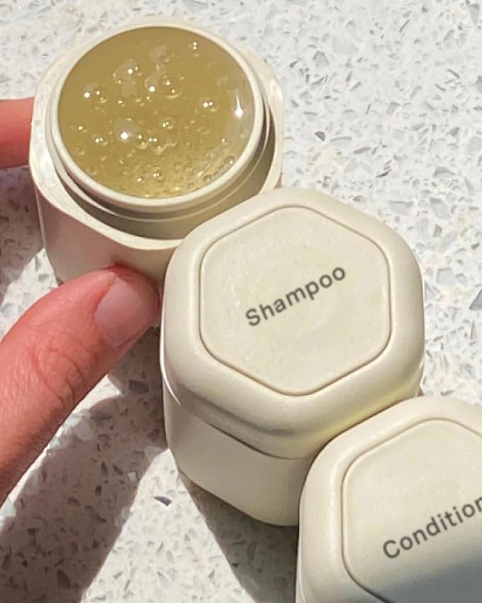 Cadence Travel Containers - Haircare Set - Magnetic Travel Capsules - For Shampoo, Conditioner, Hair Styling Product - 3 Flex Mediums (1.32oz) with Shampoo, Conditioner & Comb Icon Labels - Sand