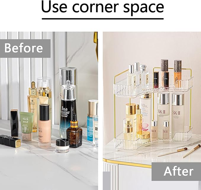 Corner Bathroom Counter Organizer – Classic Storage Shelf for Makeup, Perfume & Toiletries, Space-Saving Countertop Tray Fits Bathroom, Dresser, Kitchen (Clear, 2-Tier)