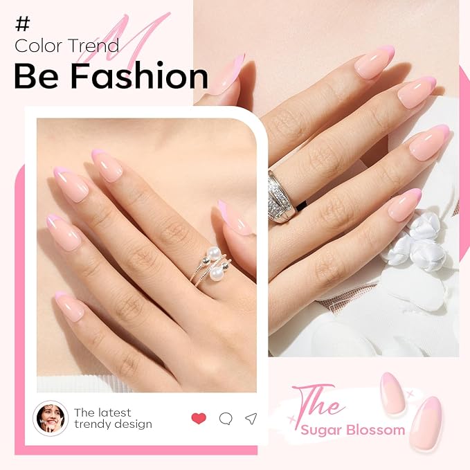 Modelones Pink French Tip Press on Nails Almond, Short Almond Fake Nails, Spring Easter Nail Kit with Nail Glue Adhesive Tabs Mini Nail File, Nails Press Ons 32Pcs16 Sizes, Women Girl Gift