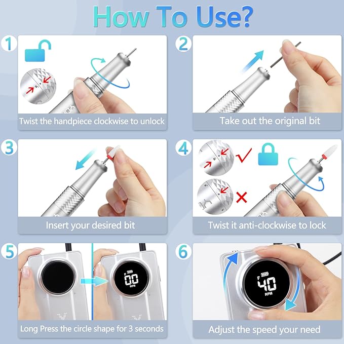 40000 RPM Professional Nail Drill, Stand Base Portable Electric Nail File Efile Drill for Acrylic Gel Nails Silver