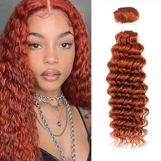 95g Human Braiding Hair for Boho Braids Deep Wave 100% Brazilian Human Hair Bundles Burnt Orange Color Bohemian Curly Wave #350 Ginger Orange Human Hair Bundles for Women 22 Inch