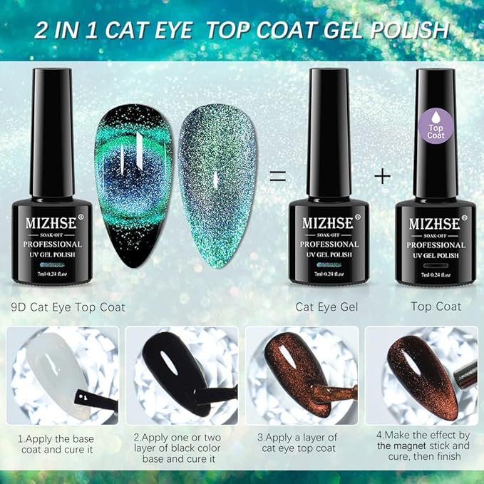 MIZHSE 2 In 1 9D Cat Eye Gel Nail Polish Kit, Upgraded Magnetic Gel Polish Set with Magnet, Shiny Chameleon Magic Galaxy Effect Soak Off Gel Nail Art Gift for Women