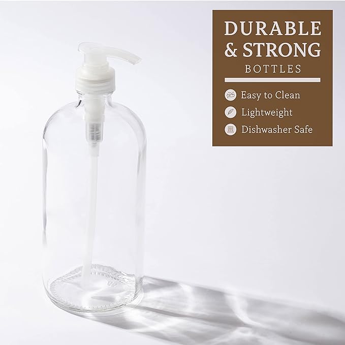 kitchentoolz 4 Pack of 32 Ounce Large Pump Bottles, Glass Refillable Containers for Lotions, Soaps, Oils, Sauces, Homemade Laundry Detergent - Food Grade