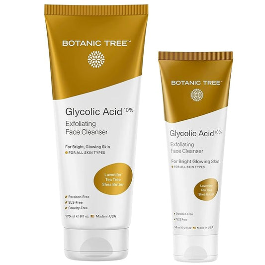 Glycolic Acid Face Wash, Exfoliating Facial Cleanser For Facial Skin Care, Acne Treatment Face Scrub, 10% Glycolic and Salicylic Acid 6 fl. oz - Botanic Tree (Pack of 2 - Buy 1 Get 1 Travel Size)
