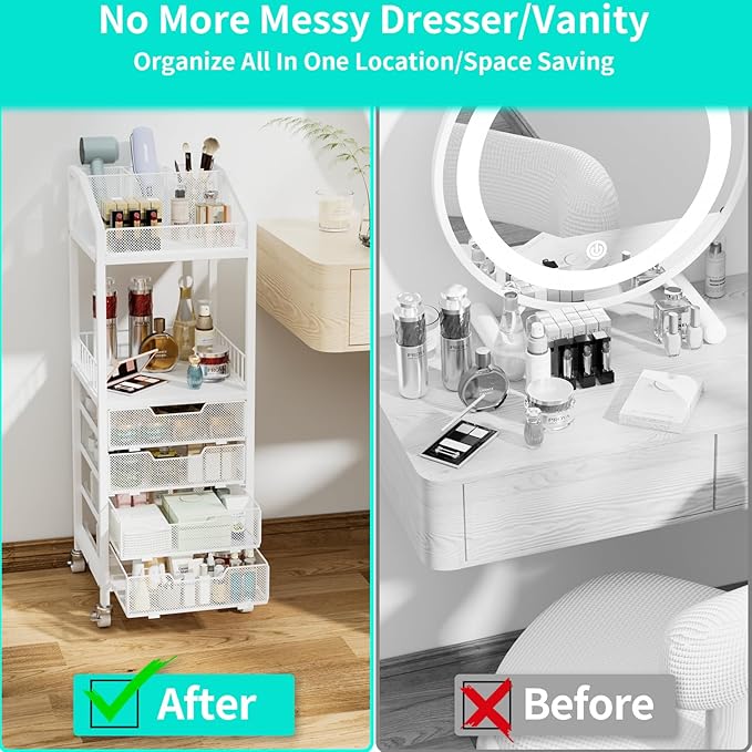 HapiRm Makeup Organizer Storage Cart - Floor Skincare Make Up Storage with 4 Drawers, Rolling Makeup Cart Vanity Organizer Cosmetics Display Cases Holder for Skin Care Perfume Nail Polish