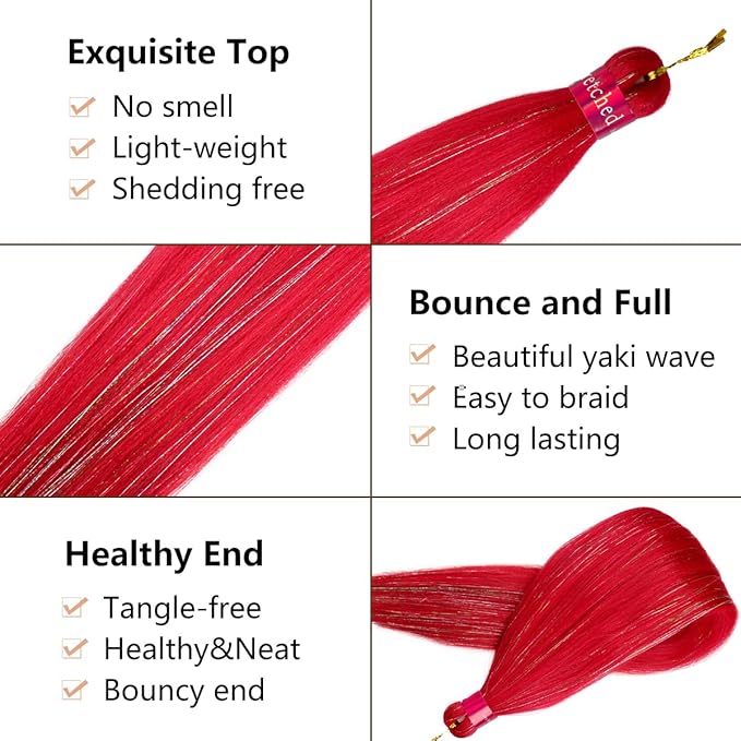 Upgraded Braiding Hair Extension Mix Tinsel, Pre Stretched Braiding Hair for Braiding Twist Braids Itch Free Hot Water Setting Yaki Straight Synthetic Hair (Rose red tinsel, 28 Inch (Pack of 3))