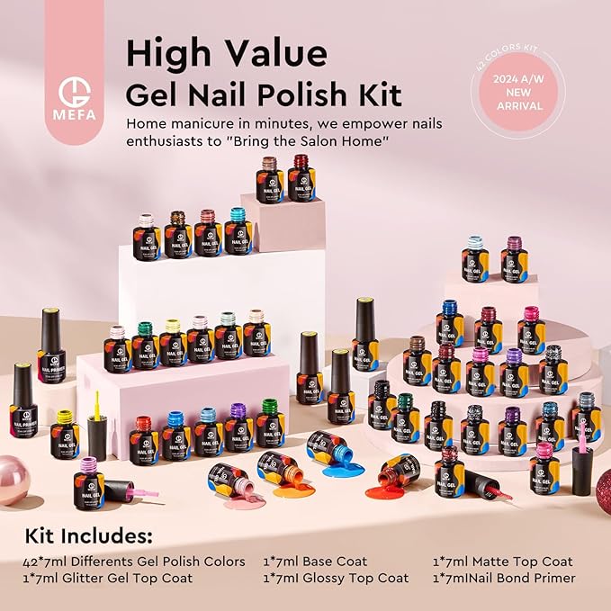 MEFA 47PCS Gel Nail Polish Kit, 42 Colors All Seasons Collection White Nude Pink Colorful Gel Polish Set with 5Pcs Top and Base Coat Primer Manicure Art at Home Salon 7ML Valentines Gifts for Women