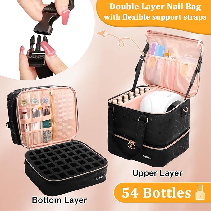 Nail Polish Organizer Bag Holds 54 Bottles (15ml/0.5 fl.oz)& Nail Lamp, PU Leather Nail Supplies Organizer with Holder& Shoulder Strap, Portable Travel Nail Kit Storage Carrying Case (Black)